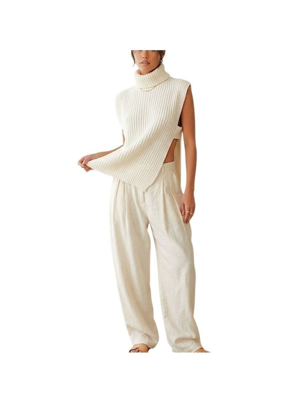 StilEstro Italy ivory cowl neck wool alpaca blend open side sleeveless sweater - Picture 3 of 14